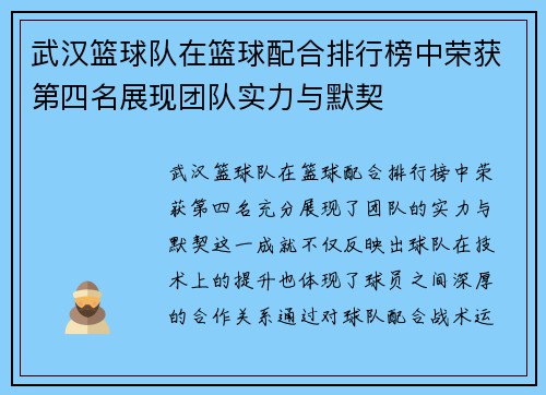 武汉篮球队在篮球配合排行榜中荣获第四名展现团队实力与默契