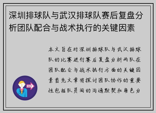 深圳排球队与武汉排球队赛后复盘分析团队配合与战术执行的关键因素