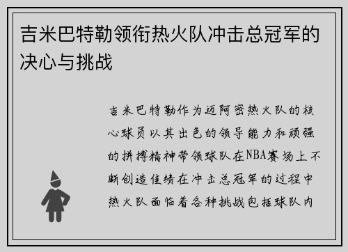 吉米巴特勒领衔热火队冲击总冠军的决心与挑战